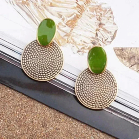 Retro 70s Modern Antique Gold Lime Green Enamel Round Pendant Earrings - Picture 1 of 3